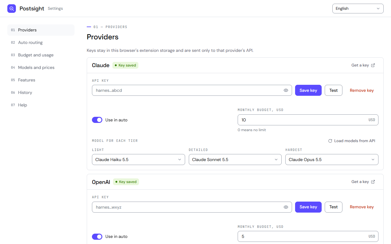 The Providers settings page: an API key field with Save key and Test buttons, a monthly budget in USD and the model used for each tier.
