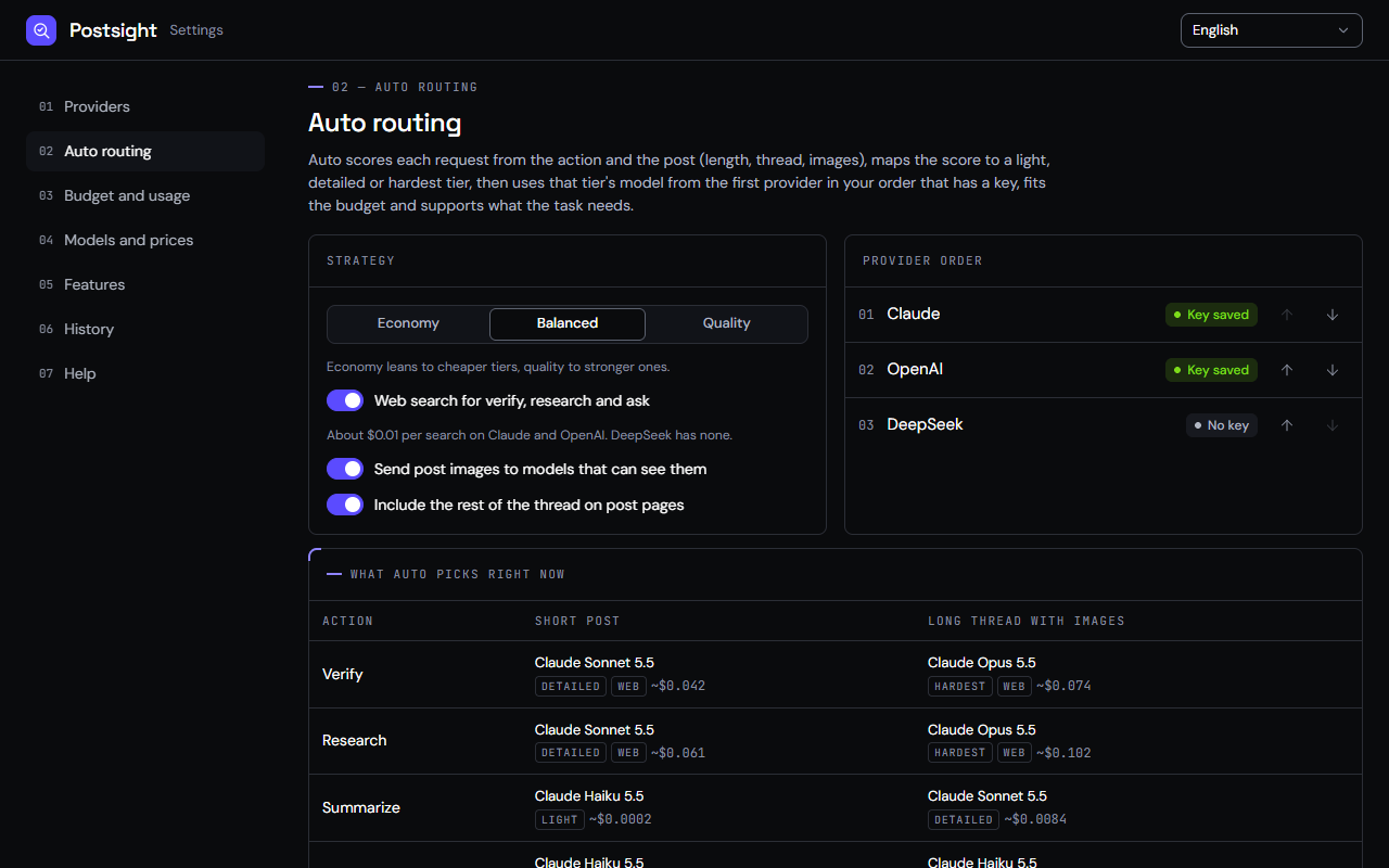 The Auto routing page in Postsight's settings: the strategy, the provider order with saved keys, and the model Auto picks for each action with its estimated cost.